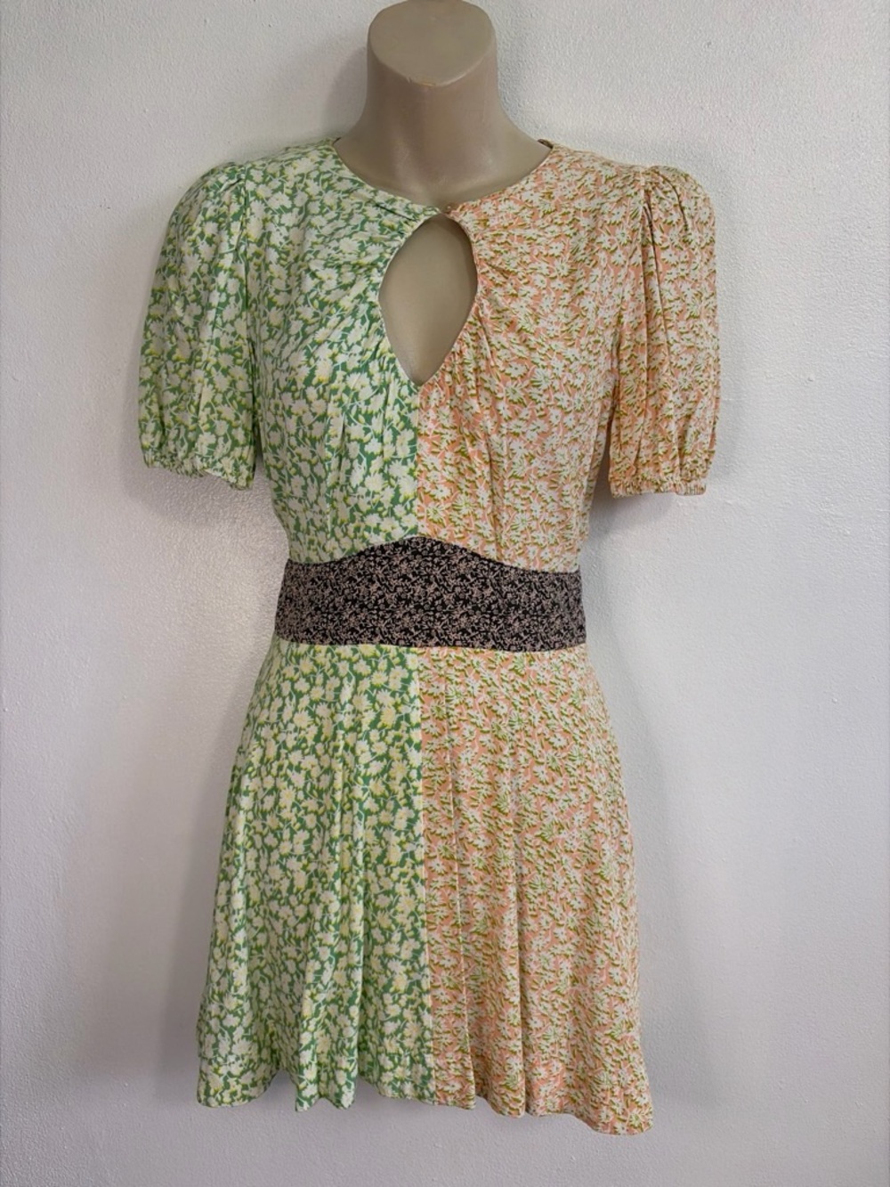 Green & Peach Two-Tone Floral Mini Dress with Brown Waistband